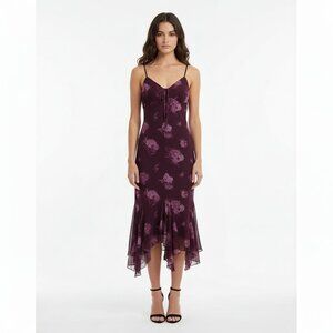 NWT No Comment Floral Slip Midi Dress M Red Burgundy Mesh